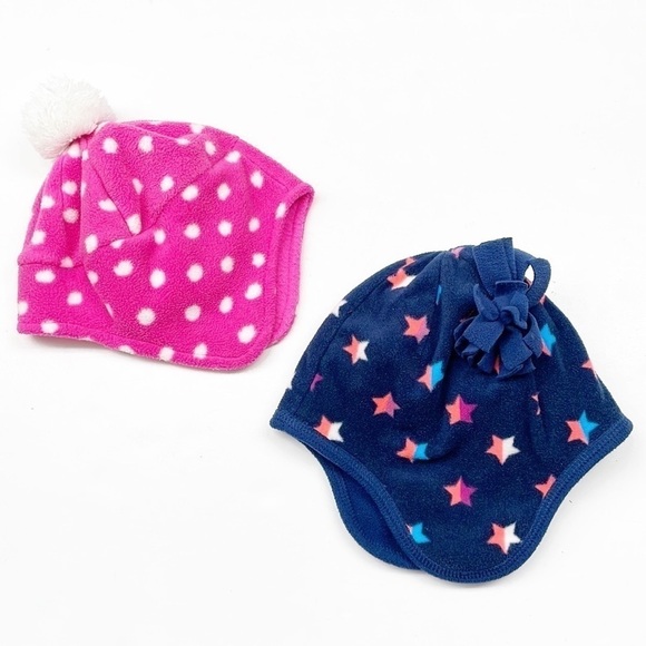 Set of 2 Pink Polka Dot & Blue Star print girls fleece beanies - Picture 2 of 3